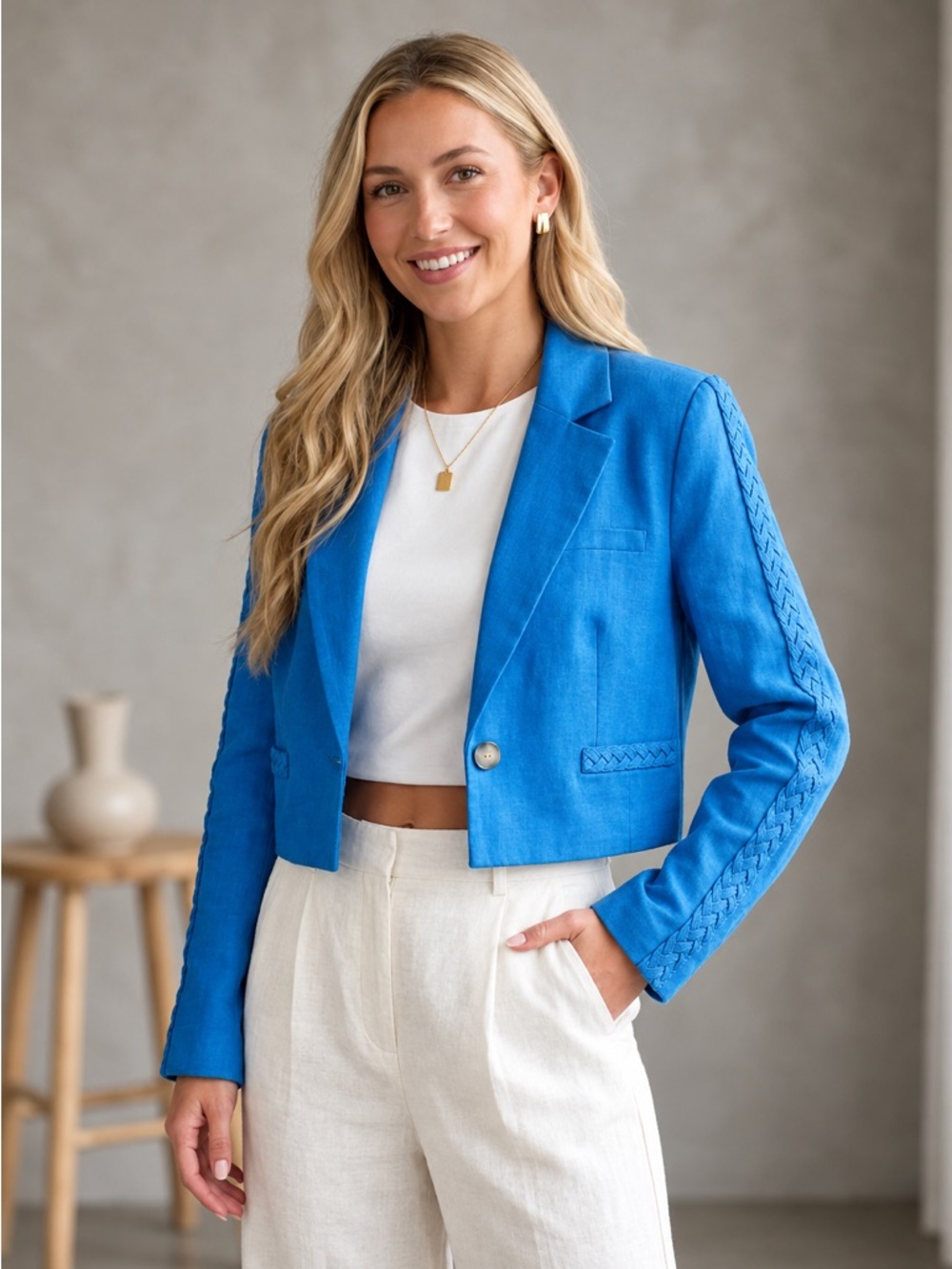 JASON WU Linen Cropped Tailored Braided Blazer Jacket \\ S